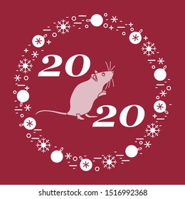 Happy new year Vector illustration with 2020 year numbers, rat, snowflakes, christmas balls Rat zodiac sign, symbol of 2020 Chinese New Year. Year of the rat, mouse Festive background Design for print