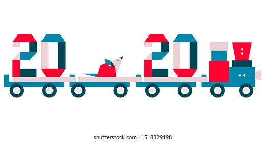 Happy new year. Vector illustration with origami 2020 year numbers, rat on a toy train. Rat zodiac sign, symbol of 2020 on the Chinese calendar. Year of the rat. Chinese horoscope. Festive background