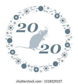 Happy new year Vector illustration with 2020 year numbers, rat, snowflakes, christmas balls Rat zodiac sign, symbol of 2020 Chinese New Year. Year of the rat, mouse Festive background Design for print