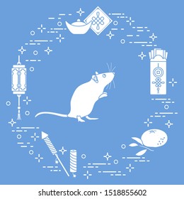 Happy new year. Vector illustration with rat, chinese lantern, tangerine, envelope, fireworks, ingot. Holiday traditions, symbols Chinese New Year celebration. Rat zodiac sign, symbol of 2020 year