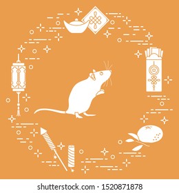 Happy new year. Vector illustration with rat, chinese lantern, tangerine, envelope, fireworks, ingot. Holiday traditions, symbols Chinese New Year celebration. Rat zodiac sign, symbol of 2020 year