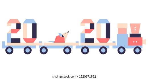 Happy new year. Vector illustration with origami 2020 year numbers, rat on a toy train. Rat zodiac sign, symbol of 2020 on the Chinese calendar. Year of the rat. Chinese horoscope. Festive background