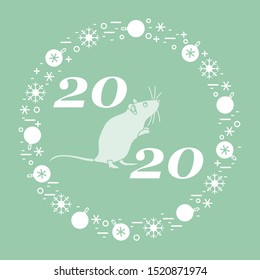 Happy new year Vector illustration with 2020 year numbers, rat, snowflakes, christmas balls Rat zodiac sign, symbol of 2020 Chinese New Year. Year of the rat, mouse Festive background Design for print