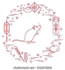 Happy new year. Vector illustration with rat, chinese lantern, tangerine, envelope, fireworks, ingot. Holiday traditions, symbols Chinese New Year celebration. Rat zodiac sign, symbol of 2020 year