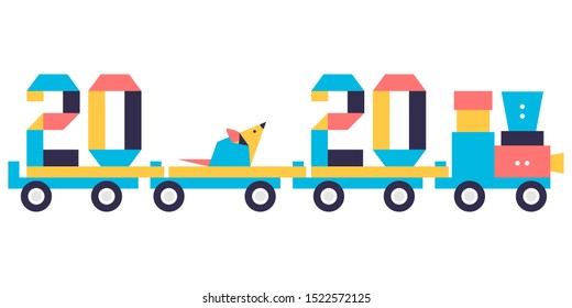 Happy new year. Vector illustration with origami 2020 year numbers, rat on a toy train. Rat zodiac sign, symbol of 2020 on the Chinese calendar. Year of the rat. Chinese horoscope. Festive background