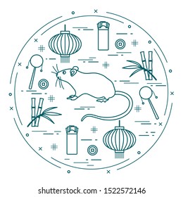 Happy new year. Vector illustration rat, bamboo, Chinese lantern, coin for luck, envelope, rattle drum. Holiday traditions, symbols Chinese New Year celebration. Rat zodiac sign, symbol of 2020 year