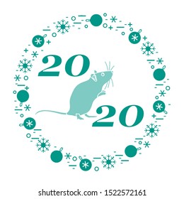 Happy new year Vector illustration with 2020 year numbers, rat, snowflakes, christmas balls Rat zodiac sign, symbol of 2020 Chinese New Year. Year of the rat, mouse Festive background Design for print