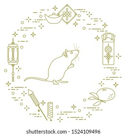 Happy new year. Vector illustration with rat, chinese lantern, tangerine, envelope, fireworks, ingot. Holiday traditions, symbols Chinese New Year celebration. Rat zodiac sign, symbol of 2020 year