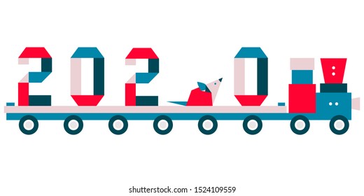 Happy new year. Vector illustration with origami 2020 year numbers, rat on a toy train. Rat zodiac sign, symbol of 2020 on the Chinese calendar. Year of the rat. Chinese horoscope. Festive background