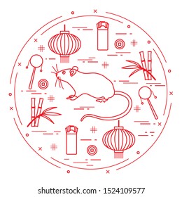 Happy new year. Vector illustration rat, bamboo, Chinese lantern, coin for luck, envelope, rattle drum. Holiday traditions, symbols Chinese New Year celebration. Rat zodiac sign, symbol of 2020 year