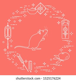 Happy new year. Vector illustration with rat, chinese lantern, tangerine, envelope, fireworks, ingot. Holiday traditions, symbols Chinese New Year celebration. Rat zodiac sign, symbol of 2020 year