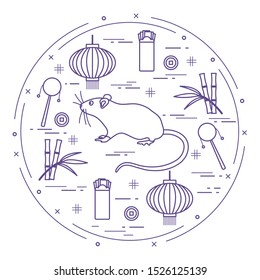 Happy new year. Vector illustration rat, bamboo, Chinese lantern, coin for luck, envelope, rattle drum. Holiday traditions, symbols Chinese New Year celebration. Rat zodiac sign, symbol of 2020 year