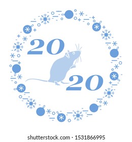 Happy new year Vector illustration with 2020 year numbers, rat, snowflakes, christmas balls Rat zodiac sign, symbol of 2020 Chinese New Year. Year of the rat, mouse Festive background Design for print