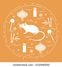 Happy new year. Vector illustration rat, bamboo, Chinese lantern, coin for luck, envelope, rattle drum. Holiday traditions, symbols Chinese New Year celebration. Rat zodiac sign, symbol of 2020 year
