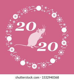 Happy new year Vector illustration with 2020 year numbers, rat, snowflakes, christmas balls Rat zodiac sign, symbol of 2020 Chinese New Year. Year of the rat, mouse Festive background Design for print