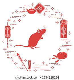 Happy new year. Vector illustration with rat, chinese lantern, tangerine, envelope, fireworks, ingot. Holiday traditions, symbols Chinese New Year celebration. Rat zodiac sign, symbol of 2020 year