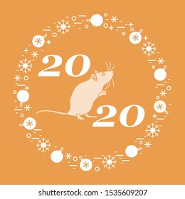 Happy new year Vector illustration with 2020 year numbers, rat, snowflakes, christmas balls Rat zodiac sign, symbol of 2020 Chinese New Year. Year of the rat, mouse Festive background Design for print