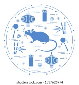 Happy new year. Vector illustration rat, bamboo, Chinese lantern, coin for luck, envelope, rattle drum. Holiday traditions, symbols Chinese New Year celebration. Rat zodiac sign, symbol of 2020 year