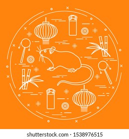 Happy new year. Vector illustration rat, bamboo, Chinese lantern, coin for luck, envelope, rattle drum. Holiday traditions, symbols Chinese New Year celebration. Rat zodiac sign, symbol of 2020 year