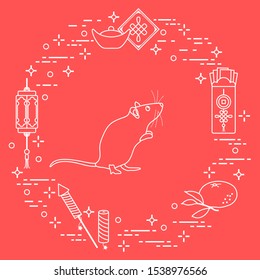 Happy new year. Vector illustration with rat, chinese lantern, tangerine, envelope, fireworks, ingot. Holiday traditions, symbols Chinese New Year celebration. Rat zodiac sign, symbol of 2020 year