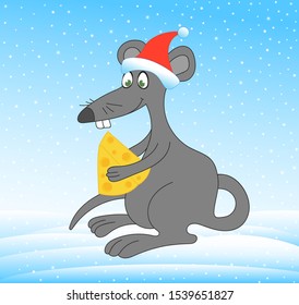 Happy New Year vector illustration with funny rat with the piece of cheese in Santa hat