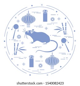 Happy new year. Vector illustration rat, bamboo, Chinese lantern, coin for luck, envelope, rattle drum. Holiday traditions, symbols Chinese New Year celebration. Rat zodiac sign, symbol of 2020 year
