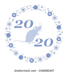 Happy new year Vector illustration with 2020 year numbers, rat, snowflakes, christmas balls Rat zodiac sign, symbol of 2020 Chinese New Year. Year of the rat, mouse Festive background Design for print