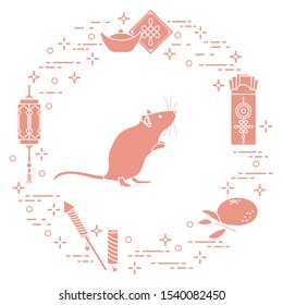 Happy new year. Vector illustration with rat, chinese lantern, tangerine, envelope, fireworks, ingot. Holiday traditions, symbols Chinese New Year celebration. Rat zodiac sign, symbol of 2020 year