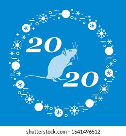 Happy new year Vector illustration with 2020 year numbers, rat, snowflakes, christmas balls Rat zodiac sign, symbol of 2020 Chinese New Year. Year of the rat, mouse Festive background Design for print