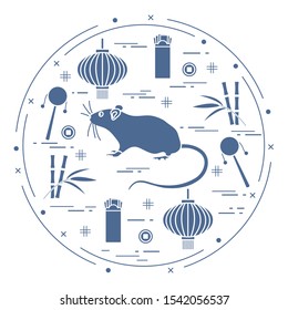 Happy new year. Vector illustration rat, bamboo, Chinese lantern, coin for luck, envelope, rattle drum. Holiday traditions, symbols Chinese New Year celebration. Rat zodiac sign, symbol of 2020 year