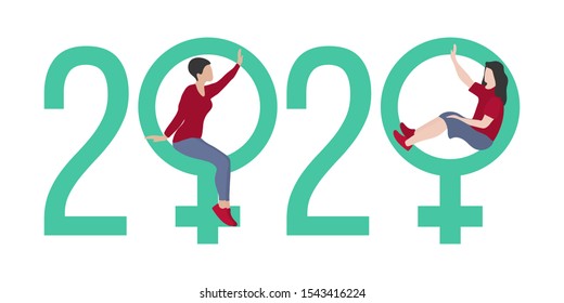 Happy new year vector illustration with 2020 year numbers, gender signs, seated women waving each other in greeting. Lgbt non-traditional couple, homosexual, lesbian. Design for card, web page, print.