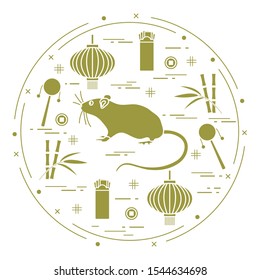 Happy new year. Vector illustration rat, bamboo, Chinese lantern, coin for luck, envelope, rattle drum. Holiday traditions, symbols Chinese New Year celebration. Rat zodiac sign, symbol of 2020 year