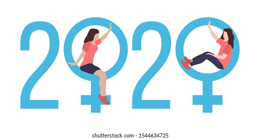 Happy new year vector illustration with 2020 year numbers, gender signs, seated women waving each other in greeting. Lgbt non-traditional couple, homosexual, lesbian. Design for card, web page, print.