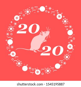 Happy new year Vector illustration with 2020 year numbers, rat, snowflakes, christmas balls Rat zodiac sign, symbol of 2020 Chinese New Year. Year of the rat, mouse Festive background Design for print