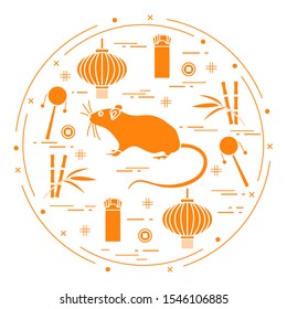 Happy new year. Vector illustration rat, bamboo, Chinese lantern, coin for luck, envelope, rattle drum. Holiday traditions, symbols Chinese New Year celebration. Rat zodiac sign, symbol of 2020 year
