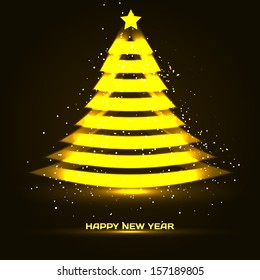 Happy New Year vector illustration with Xmas tree, glowing in the dark