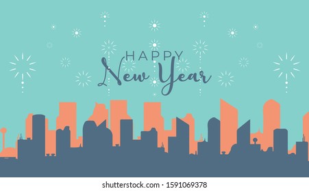 Happy New Year. A vector illustration of fireworks and cityscape silhouette with smooth background.