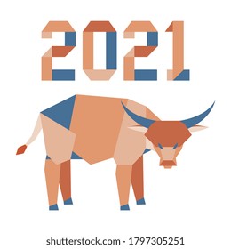 Happy new year Vector illustration with origami 2021 year numbers and bull. Bull annual animal zodiac sign, symbol of 2021 on the Chinese calendar. Year of the ox. Chinese horoscope. Design for print