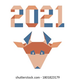 Happy new year Vector illustration with origami 2021 year numbers and bull. Bull annual animal zodiac sign, symbol of 2021 on the Chinese calendar. Year of the ox. Chinese horoscope. Design for print