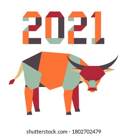 Happy new year Vector illustration with origami 2021 year numbers and bull. Bull annual animal zodiac sign, symbol of 2021 on the Chinese calendar. Year of the ox. Chinese horoscope. Design for print