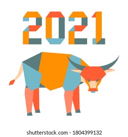 Happy new year Vector illustration with origami 2021 year numbers and bull. Bull annual animal zodiac sign, symbol of 2021 on the Chinese calendar. Year of the ox. Chinese horoscope. Design for print