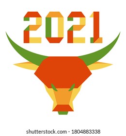 Feliz año nuevo Ilustración vectorial con números y toros de origami 2021 año. Signo anual de zodiaco animal toro, símbolo de 2021 en el calendario chino. Año del buey. Horóscopo chino. Diseño para impresión