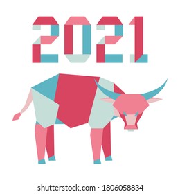 Happy new year Vector illustration with origami 2021 year numbers and bull. Bull annual animal zodiac sign, symbol of 2021 on the Chinese calendar. Year of the ox. Chinese horoscope. Design for print