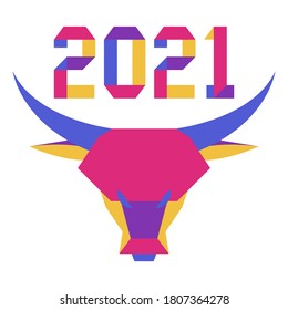 Happy new year Vector illustration with origami 2021 year numbers and bull. Bull annual animal zodiac sign, symbol of 2021 on the Chinese calendar. Year of the ox. Chinese horoscope. Design for print