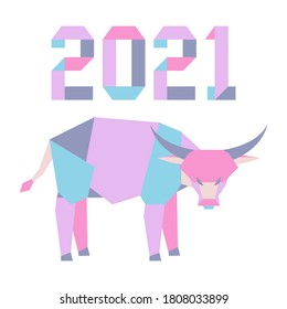 Happy new year Vector illustration with origami 2021 year numbers and bull. Bull annual animal zodiac sign, symbol of 2021 on the Chinese calendar. Year of the ox. Chinese horoscope. Design for print