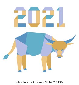 Happy new year Vector illustration with origami 2021 year numbers and bull. Bull annual animal zodiac sign, symbol of 2021 on the Chinese calendar. Year of the ox. Chinese horoscope. Design for print