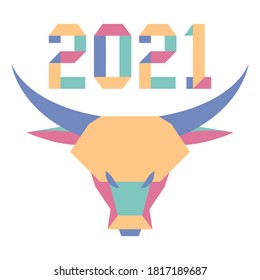 Happy new year Vector illustration with origami 2021 year numbers and bull. Bull annual animal zodiac sign, symbol of 2021 on the Chinese calendar. Year of the ox. Chinese horoscope. Design for print