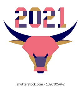 Happy new year Vector illustration with origami 2021 year numbers and bull. Bull annual animal zodiac sign, symbol of 2021 on the Chinese calendar. Year of the ox. Chinese horoscope. Design for print