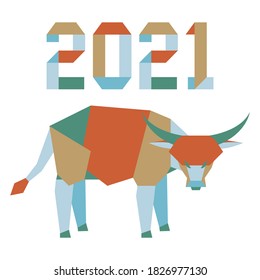 Happy new year Vector illustration with origami 2021 year numbers and bull. Bull annual animal zodiac sign, symbol of 2021 on the Chinese calendar. Year of the ox. Chinese horoscope. Design for print