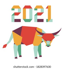 Happy new year Vector illustration with origami 2021 year numbers and bull. Bull annual animal zodiac sign, symbol of 2021 on the Chinese calendar. Year of the ox. Chinese horoscope. Design for print